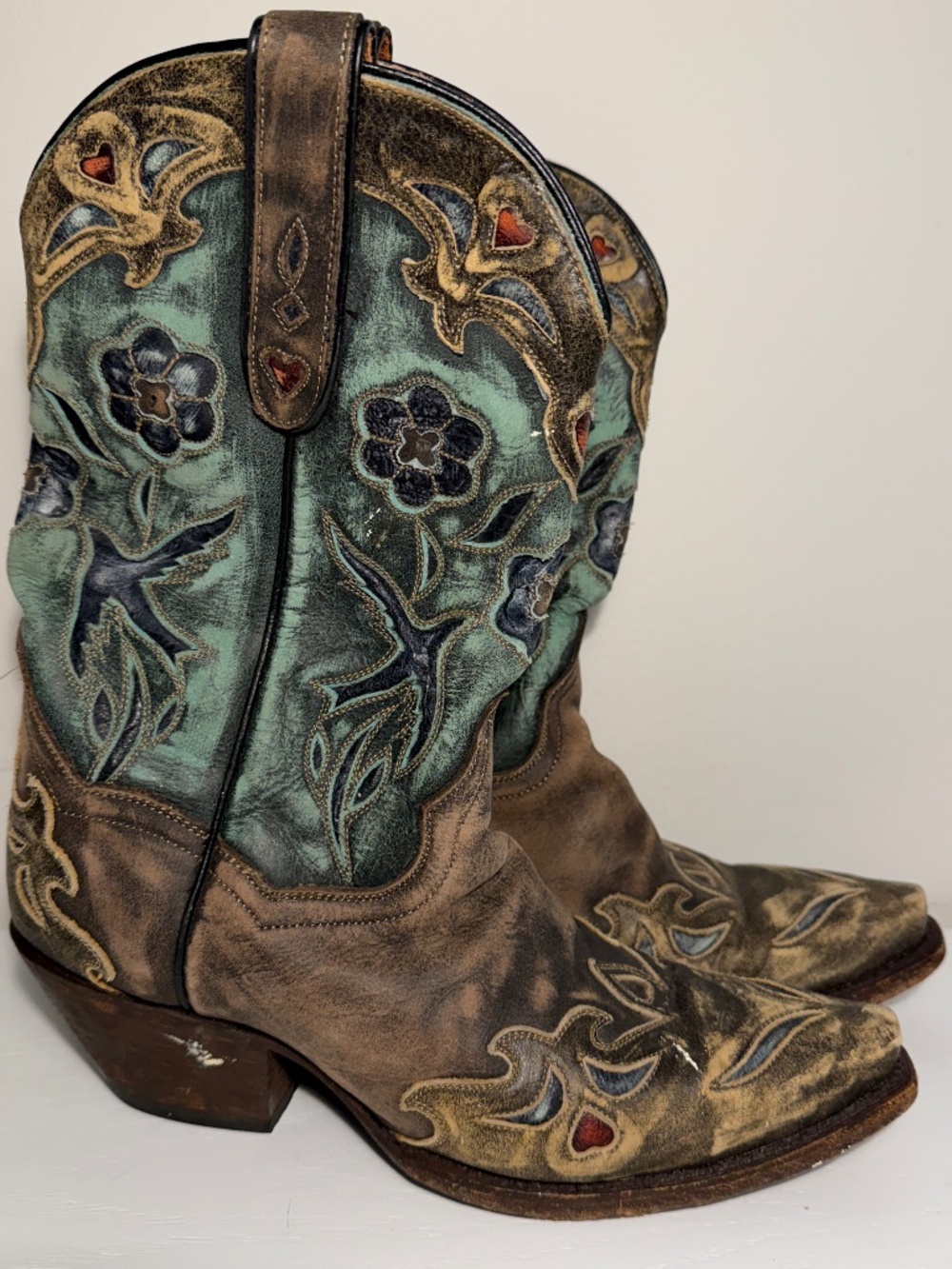 Dan Post Vintage Bluebird Cowboy Boots Women's 7M Leather Wingtip Toe Brown Teal